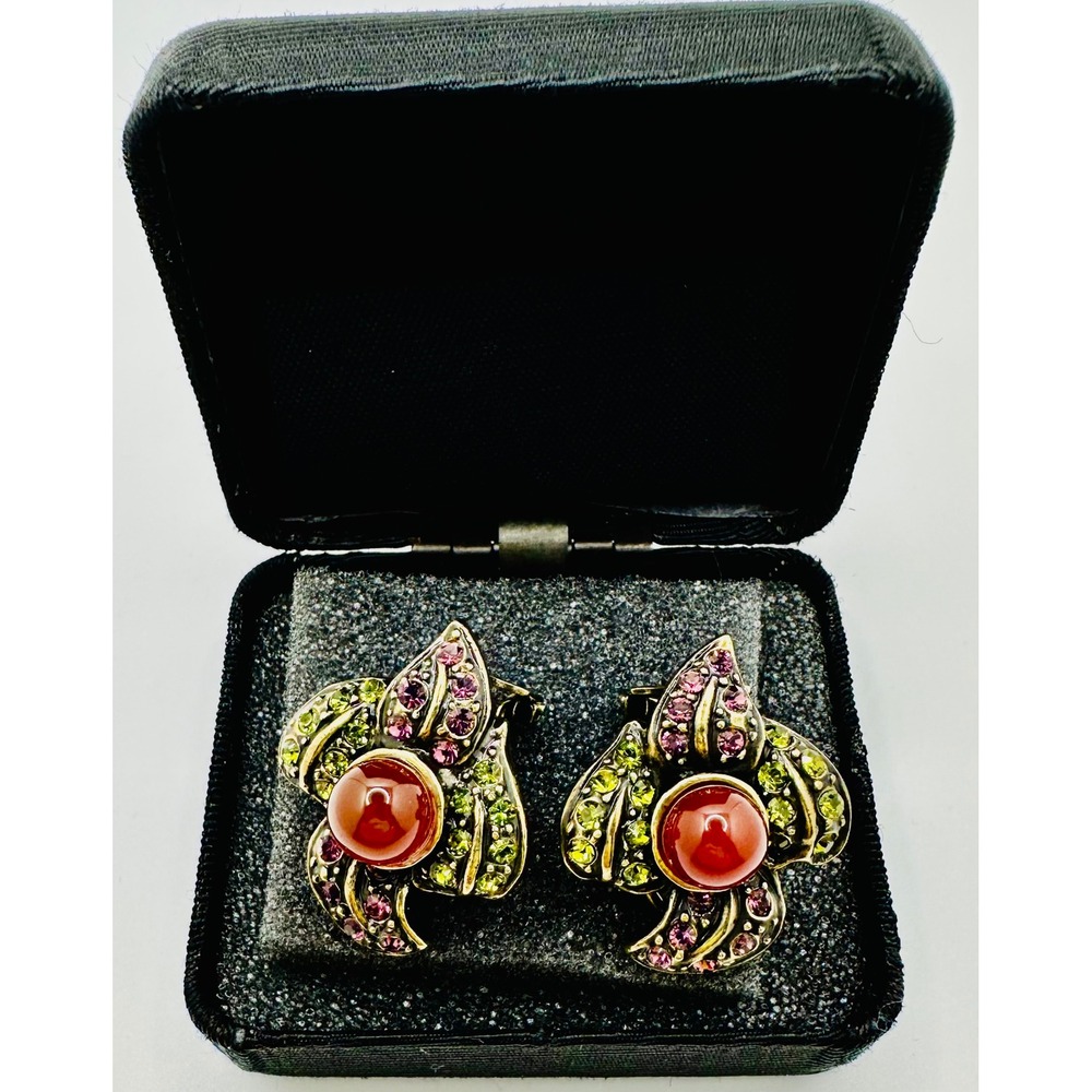 Heidi Daus Bronze Tone Crystal Carnelian Cabochon Clip On Omega Earrings